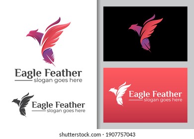 flying eagle bird or phoenix combined feather ink logo icon illustration