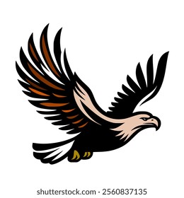 The flying eagle is black, orange, yellow and brown.Vector illustration isolated on white background.