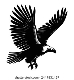 Flying Eagle black silhouette, Black and white vector illustration. Tattoo design