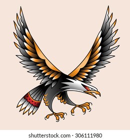 Flying eagle. Color tattoo in traditional old school style 
