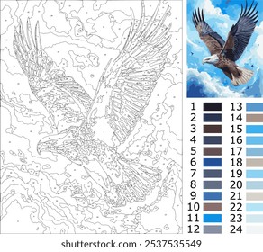 página de coloração de águia voadora por número para adulto, nível intermediário com guia de 24 cores