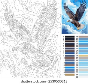 Águia voadora, colorindo página por número para adultos avançar nível, com 35 cores guia