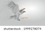A flying eagle is composed of particles on gray background. Abstract vector animal background.