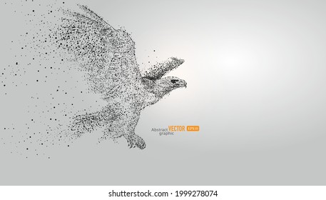 A flying eagle is composed of particles on gray background. Abstract vector animal background.
