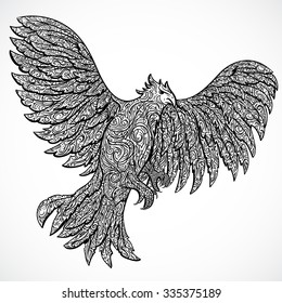 Flying eagle with decorative ornament. Tattoo art. Retro banner, invitation,card, scrap booking. t-shirt, bag, postcard, poster.Highly detailed vintage style hand drawn vector illustration