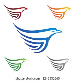 Flying Eagle emblem drawn in engraving style isolated, Retro color logo of falcon.