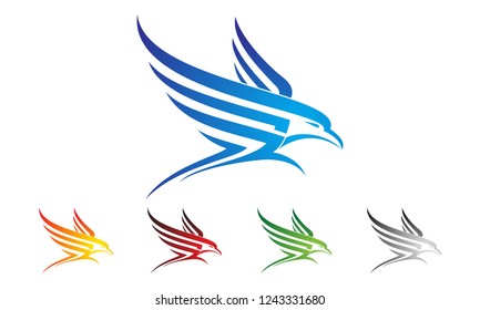 Flying Eagle emblem drawn in engraving style isolated, Retro color logo of falcon.
