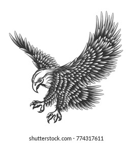 Flying Eagle emblem drawn in engraving style isolated on white. American symbol of freedom. Retro color logo of falcon.