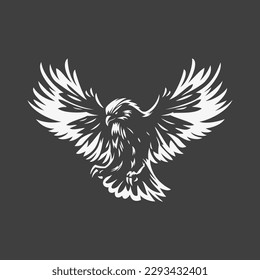 Flying eagle falcon hawk with open wings freedom force t shirt print vintage icon design vector illustration. Flight wild predator feather bird fashion black and white monochrome decorative insignia