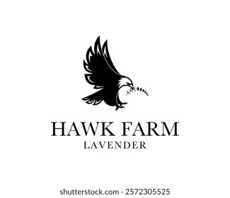 Flying Eagle Hawk Falcon Bird Prey Silhouette Lavender Floral Garden Vector Logo Design Illustration