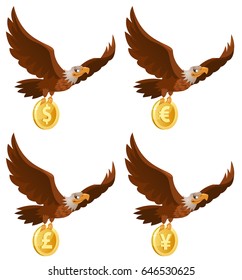 The flying eagle holds coin. Dollar, euro, yen, pound sterling. Cartoon styled vector illustration. Isolated on white