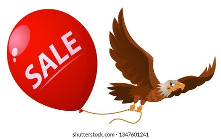 Flying eagle holds sale balloon. Cartoon styled vector illustration. Elements is grouped. On white background. No transparent objects.