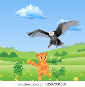 Flying eagle hunting a kitten on field. Vector illustration.