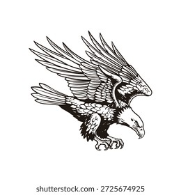 Flying Eagle Illustration com Espalhar Asas, Preto e Branco Linha Arte Pássaro de rapina