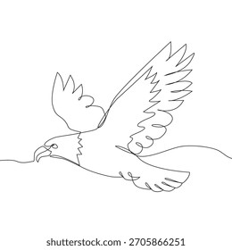 Ilustración de águila voladora. Fuerte contorno de pájaro. Arte vectorial de línea continua. Potente símbolo de vida silvestre.