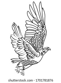 Águila voladora aislada sobre fondo blanco. Plantilla. Stincil. Ilustración simple. Monocromo. Cortar. Perfecto para el logotipo, tatuaje de pared o decoración de pared.- Vector.