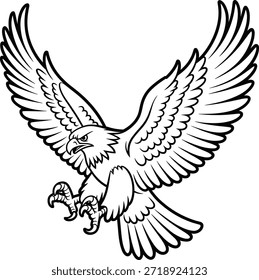 Flying Eagle Line Art Illustration with Spread Wings Isolated on White Background
