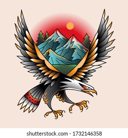 Flying eagle and mountains, colorful illustration at oldschool tattoo style