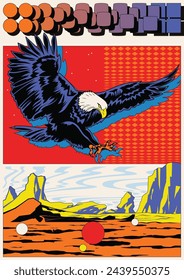 Flying Eagle, Mountains Panorama, Abstract Style Poster Template, Geometric Shapes, Colorful Background 