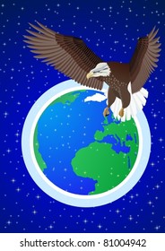 Flying eagle on a background of the Earth and the starry night sky