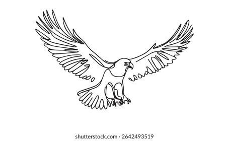 Flying eagle one continuous line drawing. Cute decoration hand drawn elements. Vector illustration of minimalist style on a white background.