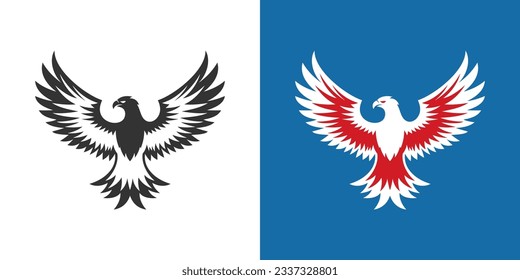 Flying eagle with open wings monochrome and color contour silhouette logo for t shirt print set vector flat illustration. Falcon hawk wild carnivorous bird patriotism freedom independence mascot icon