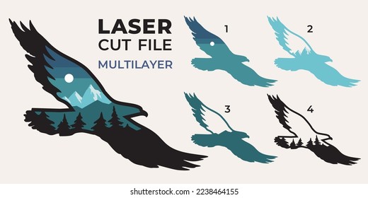 flying eagle, picture of mountains, laser cut multilayer file, vector image