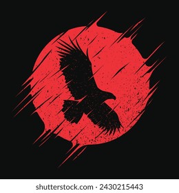 Flying eagle silhouette logo with grunge abstract moon background