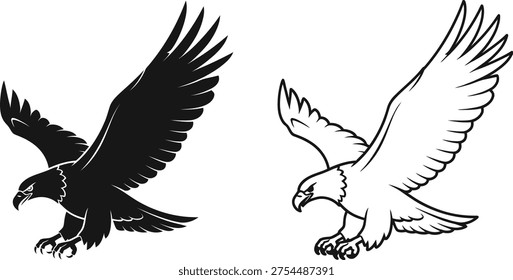 Flying Eagle Silhouette and Outline Vector Icon Vector