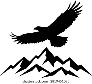 Flying eagle silhouette over mountain peaks black vector