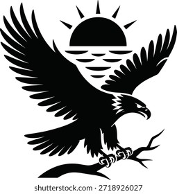 Silueta del águila voladora con el sol naciente, Ilustración vectorial blanca y negra potente del símbolo de la libertad