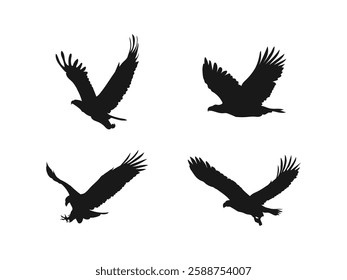 Flying Eagle Silhouette set. Falcon or hawk carnivore avian animal flight up vector illustration. Silhouette of a bird of prey. Minimal design, minimalist logo vector. vector on a white background.