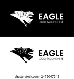 Flying Eagle silhouette with spread wings and claw for powerful and visionary flight company logo design