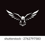 Flying Eagle Silhouette Vector, Majestic Bald Eagle with Spread Wings Black and White Illustration