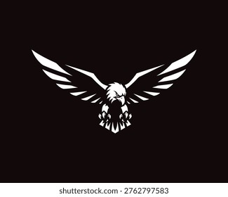 Flying Eagle Silhouette Vector, Majestic Bald Eagle with Spread Wings Black and White Illustration