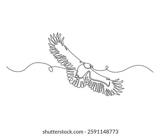 Flying eagle simple line art illustration. Continuous one line draw of flying bald eagle design.