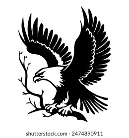 A flying eagle sits on a branch