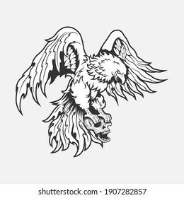 A flying eagle with the skull in the claws on Black and White