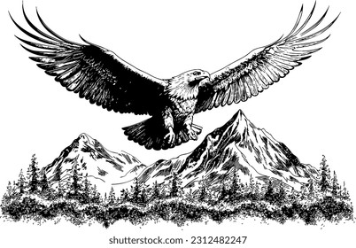 A flying eagle soaring above the mountains. black and white.