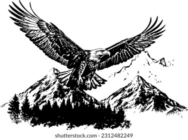 A flying eagle soaring above the mountains. black and white.