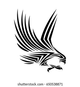 flying eagle, spread out its feather. black eagle on white background.