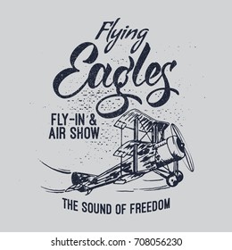 Flying Eagles air show vector illustration. Typography design aerobatic retro airplane.