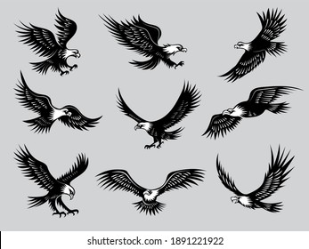 Flying eagles. Silhouettes of birds wild hawks freedom animals for motorcycle emblems recent vector illustrations