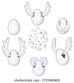 Flying egg with wings, cartoon design element set, isolated vector, horizontal
