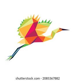 Flying Egret in Colorful Polygon low poly. Colorful Abstract Egret logo. Flying Egret full color illustration