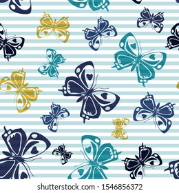 Flying elegant butterfly silhouettes over horizontal stripes vector seamless pattern. Kids fashion textile print design. Stripes and butterfly winged insect silhouettes seamless design.