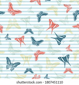 Flying elegant butterfly silhouettes over horizontal stripes vector seamless pattern. Childish fashion fabric print design. Lines and butterfly garden insect silhouettes seamless pattern.