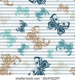 Flying elegant butterfly silhouettes over horizontal stripes vector seamless pattern. Cartoon fabric print design. Lines and butterfly garden insect silhouettes seamless pattern.