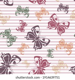 Flying elegant butterfly silhouettes over horizontal stripes vector seamless pattern. Girlish fashion fabric print design. Lines and butterfly garden insect silhouettes seamless design.