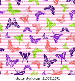 Flying elegant butterfly silhouettes over striped background vector seamless pattern. Cartoon textile print design. Stripes and butterfly garden insect silhouettes seamless illustration.